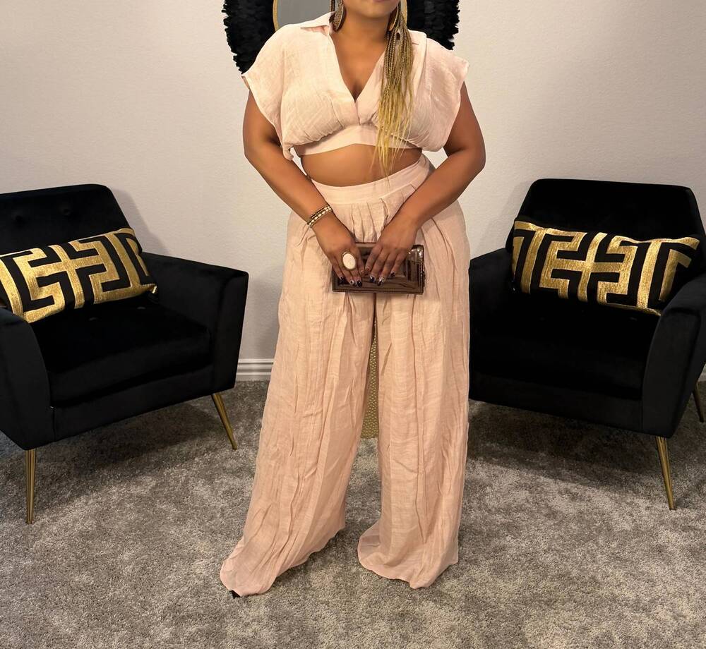 NEW HYFVE effortless wrap top and wide leg pants set in almond